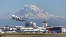 View of SEA airport with aircraft and Mt.Rainier