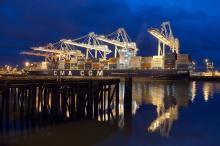 cranes at the Port lit in the dark night