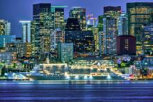 Cruise ship at berth with lights on