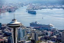 Space Needle with Port and cruise ships in background