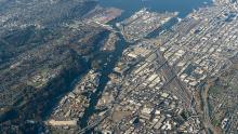 Aerial shot of Duwamish from the South looking toward Harbor Island and T18 in Elliott Bay in Seattle and 