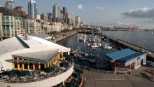 Bell Harbor Marina with sailboats and Mt. Rainier in the background