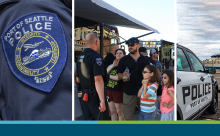 Three images: Police badge, police officer talking to communities, police vehicle