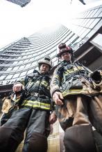 BC Griffin and Captain Grubb prepare for the Leukemia & Lymphoma Society Firefighter Stairclimb