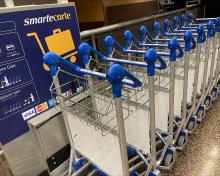 Luggage carts lined up and ready for travelers.