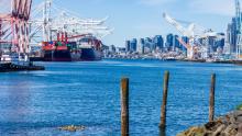 View of the Seattle Waterfront and container ships from the East Waterway