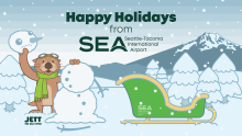 Graphic of winter scene with Jett the S-E-A Otter and text "Happy Holidays from S-E-A".