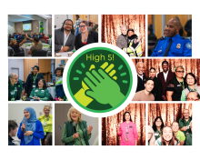 High 5! Logo surrounded by an array of photos of happy employees.