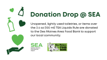 Donation Drop @ SEA graphic with guidelines, icons of toiletry bottles, and Des Moines Food Bank logo