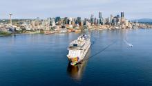 The Norwegian Cruise Line Encore leaves Bell Harbor Cruise Terminal in September 2023 for a cruise to Alaska