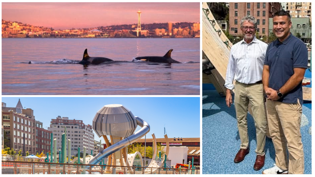Orcas heading north past Elliott Bay; with Muckleshoot Indian Tribe Chairman Jaison Elkins at the opening of Pier 58’s Waterfront Park; new aquatic-themed playground at Pier 58