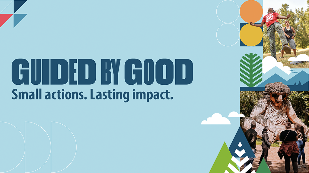 A light blue promotional banner reading "Guided by Good — Small actions. Lasting impact." in bold dark blue text, with colorful geometric shapes including illustrated trees and mountains. Two photos are inset on the right: a youth in a red shirt leaping joyfully into the air outdoors while adults cheer nearby, and visitors standing before a large whimsical wooden troll sculpture in a forested park.